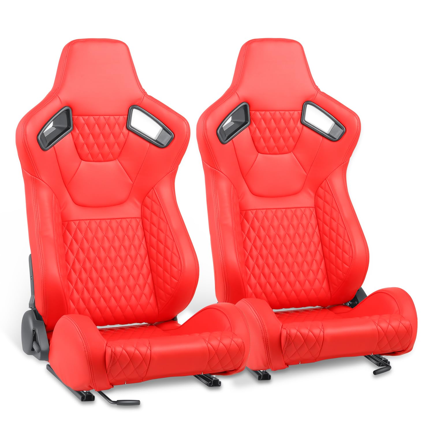 DNA MOTORING 2PCS Racing Bucket Seats with Adjustable Recline & Slider, Compatible with 4 Point Harness, PVC Leather, Red, RS-JBR-011-RD-RD