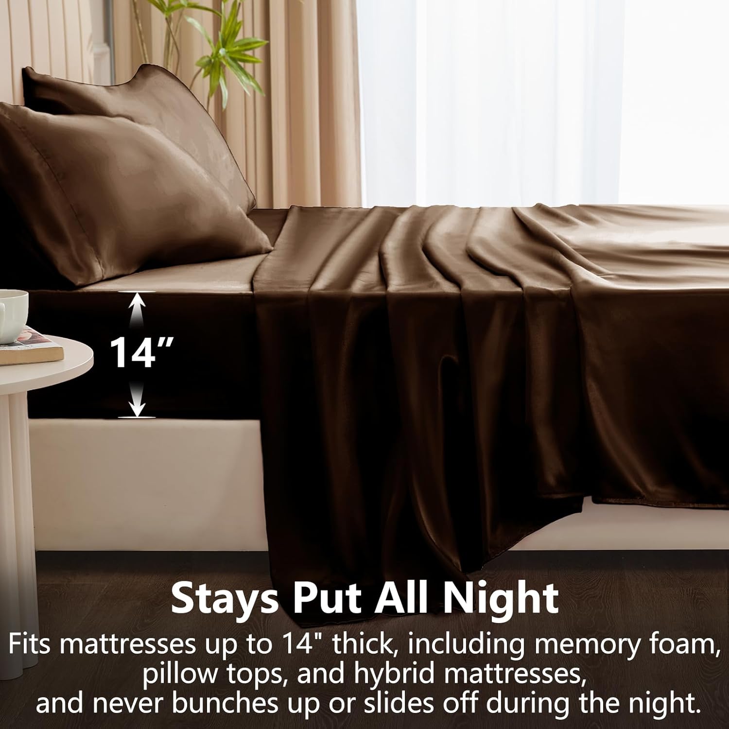 CozyLux Satin Sheets Queen Size Bed Set - 4 Piece Silky Queen Sheet Set, Luxury Brown Queen Sheets with Smooth and Soft Microfiber, Includes 1 Fitted Sheet, 1 Flat Sheet and 2 Pillowcases