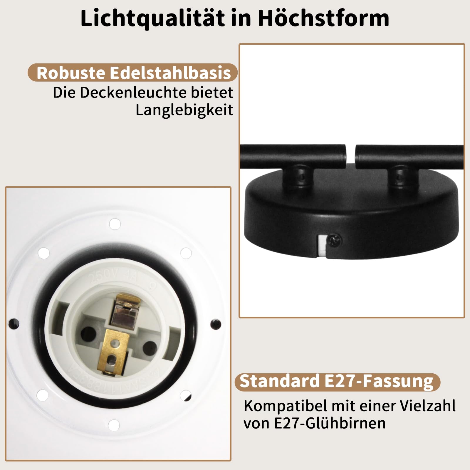 HiBay Reflektor sufitowy LED, 4 żarówki, E27, lampa sufitowa do sypialni, vintage, czarno-biała, do salonu, wychylna, maks. 60 W, bez źródła światła