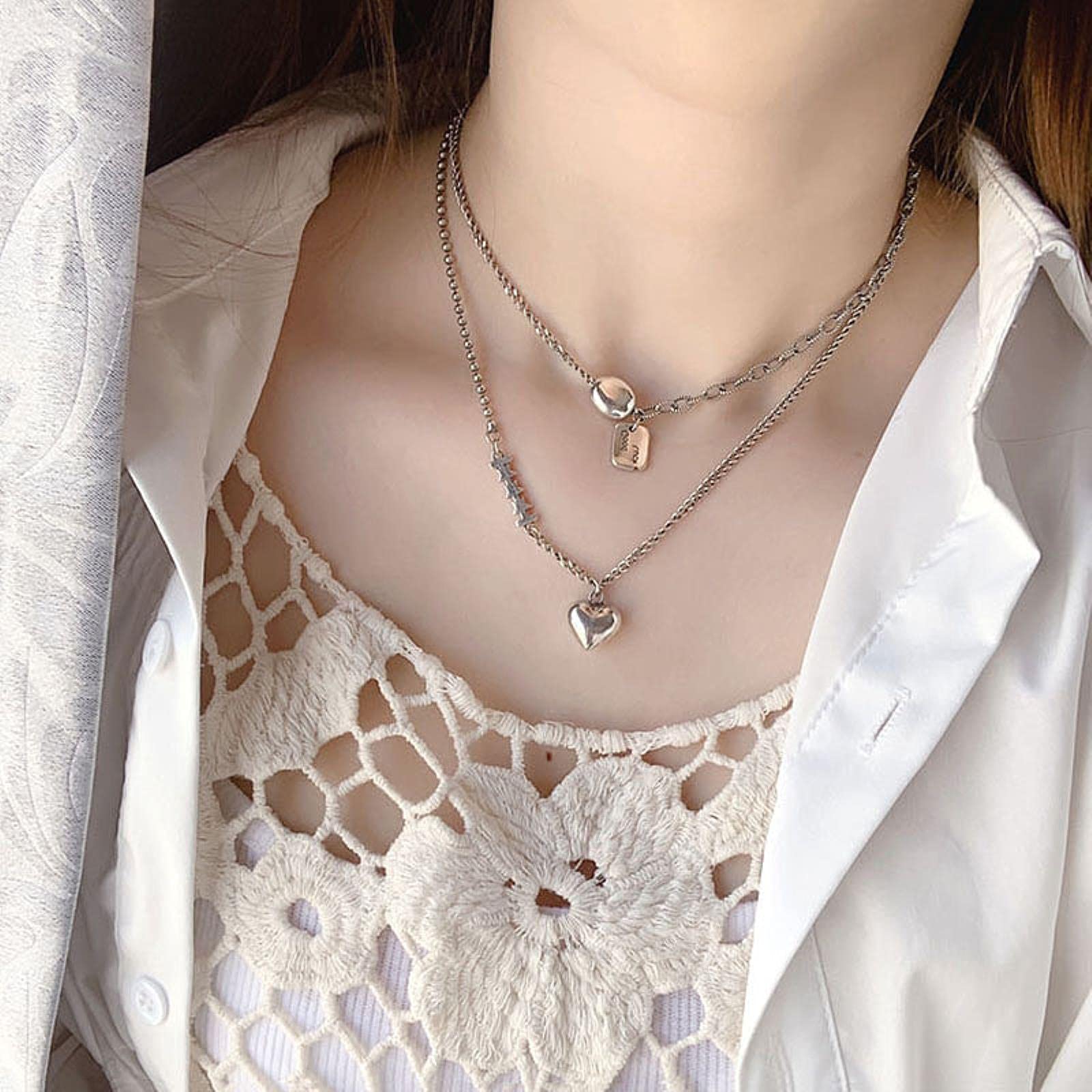 925 plata esterlina amor corazón estrella colgante collar de plata tailandesa cadena asimétrica de cuentas redondas El regalo ideal para mujeres