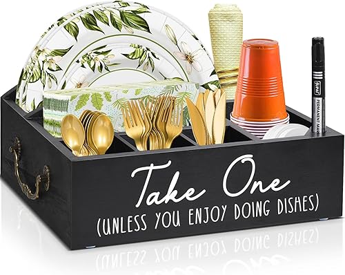 Soporte para platos de papel, dispensador de platos de papel para encimera de cocina, caja organizadora de cubiertos de madera para fiestas, picnic