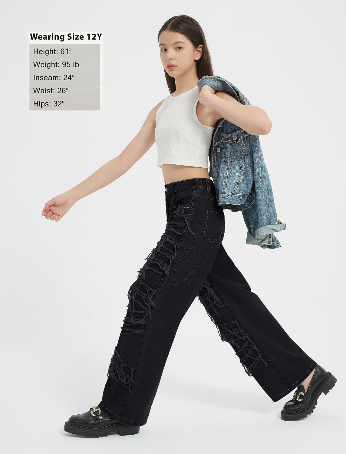 EXARUS Girls Jeans Crossover/Frayed Baggy Pants Wide Leg Denim Teen Elastic Waist Straight Mid Waisted for Kids 8-14Y
