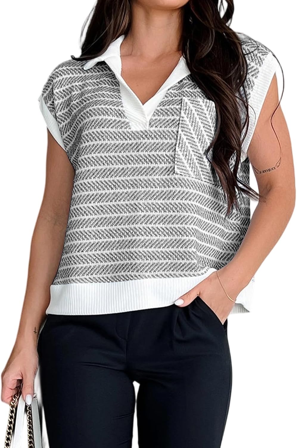 Evzeiem Women's Dressy Casual Tops Business Work Blouses White Striped Lapel Collar Shirts Cap Sleeve V Neck Tshirt