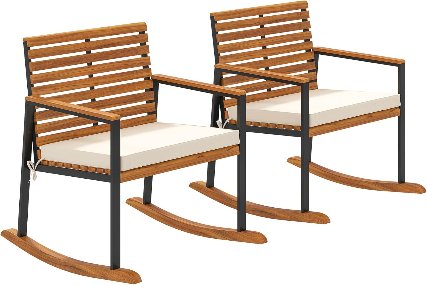 Outsunny Outdoor Rocking Chair Set of 2, Acacia Wood Outdoor Rockers with Armrests, Cushion, Patio Wooden Rocking Chair Set for Garden, Balcony, Porch, 353 lbs. Capacity, Cream White
