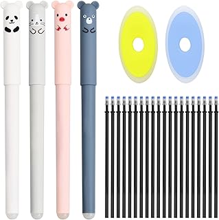 Xzeemo Erasable Gel Pen, Cute Cartoon Animal Rollerball Gel Ink Pens, 4 Erasable Pens+20 Erasable Refills+2 Eraser, 0.35mm Erasable Pen Set for (Black Ink) Student Kids Stationery Office Supplies