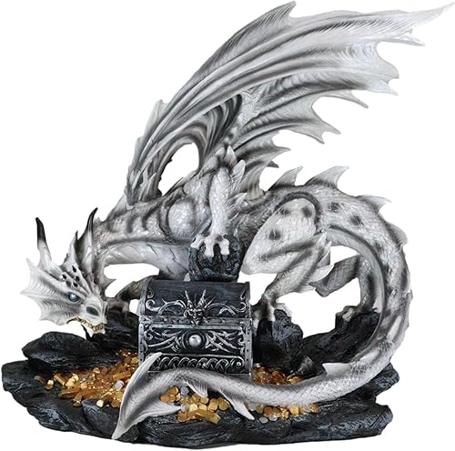 Ebros Gift Gran estatua de dragón de nube blanca de 20 pulgadas de largo con joyas secretas, cofre del tesoro, druida, guardián enano, calabozos y