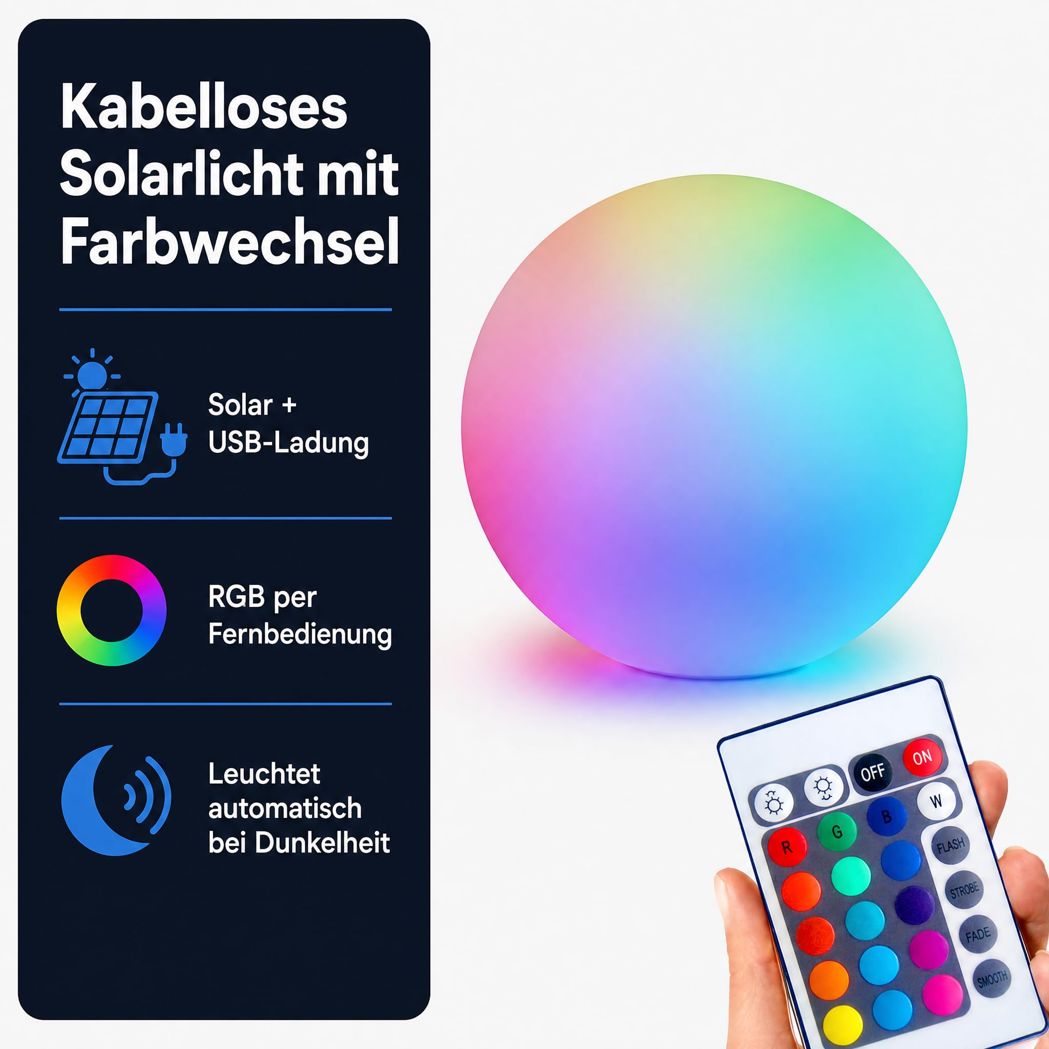 @tec Solar LED Kugelleuchte Ø 30 cm, IP54, RGB Farbwechsel & Fernbedienung