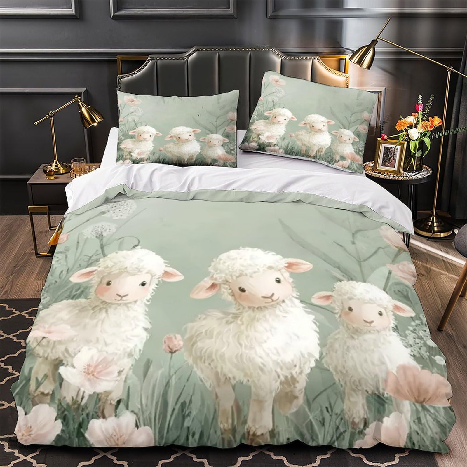 Parure de lit agneaux mignons housse de couette 140x200cm pour enfant