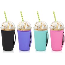 4Pack Reusable Iced Coffee Sleeve Insulator Sleeves for Cold Drinks Beverages, Neoprene Cup Holder for Most Coffee, Fits 22-24oz Medium Cups Solid Color with Handle