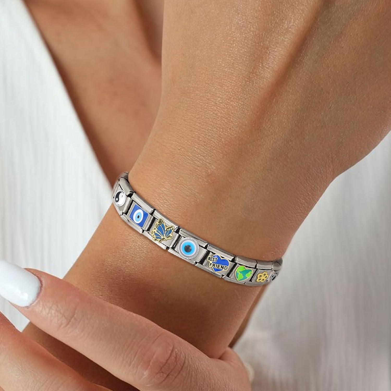 Italian Charms Blue Only Charm, 8Pcs Cross Butterfly 9mm Italian Modular Charm Bracelet Link Handmade DIY Module Jewelry Gifts