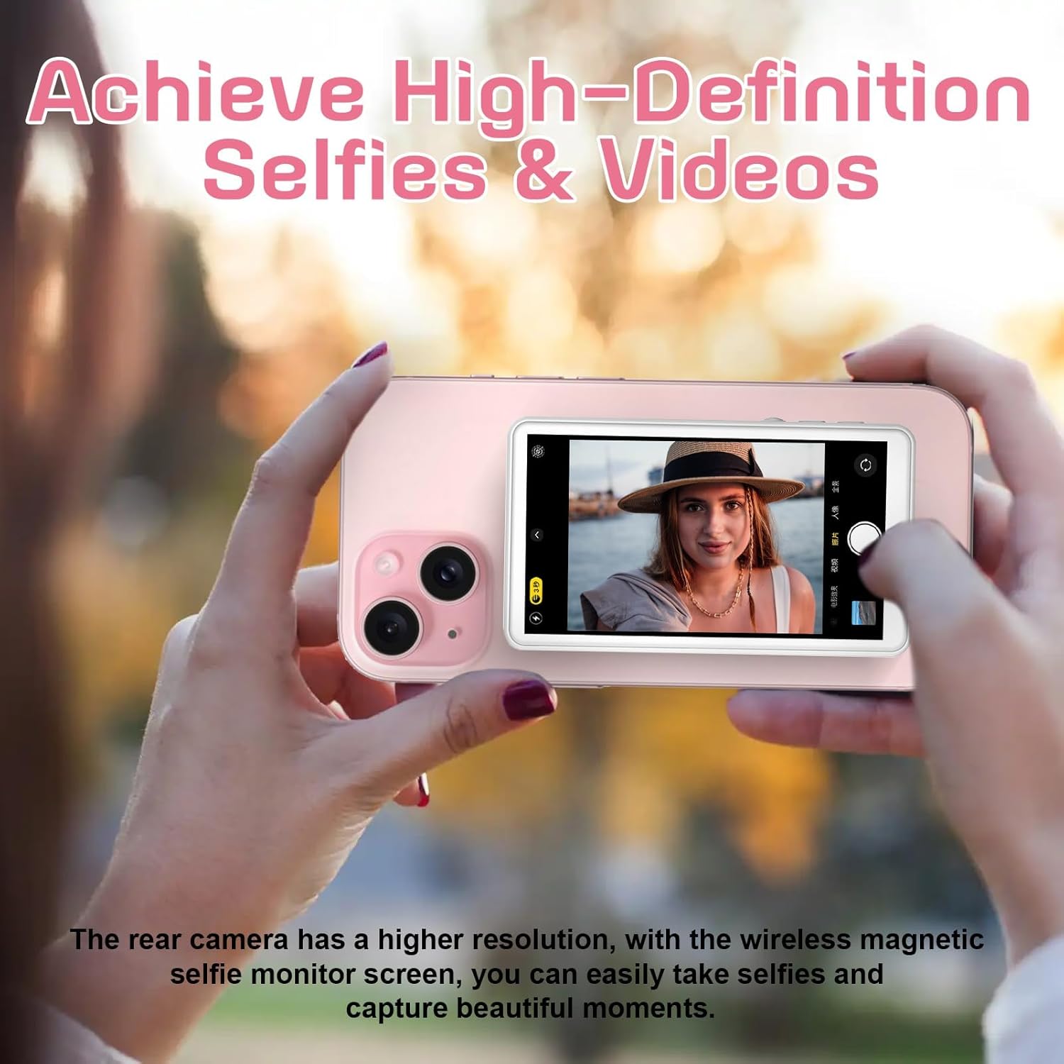 Wireless Selfie Monitor Screen, Rear Camera Monitor for iPhone/Android, Portable Phone Vlog Selfie Monitor Screen with Remote Control & Magnetic Connection, 1800 mAh, Gift for Friends/Family, White