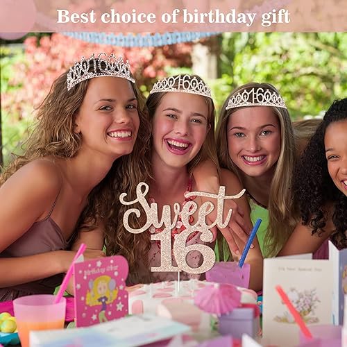 Miniatura 6 de Decoraciones de cumpleaños de los Dulces16 para niñas, que incluyen adorno para pastel con el texto en inglés Sweet16, coronatiara, banda y velas