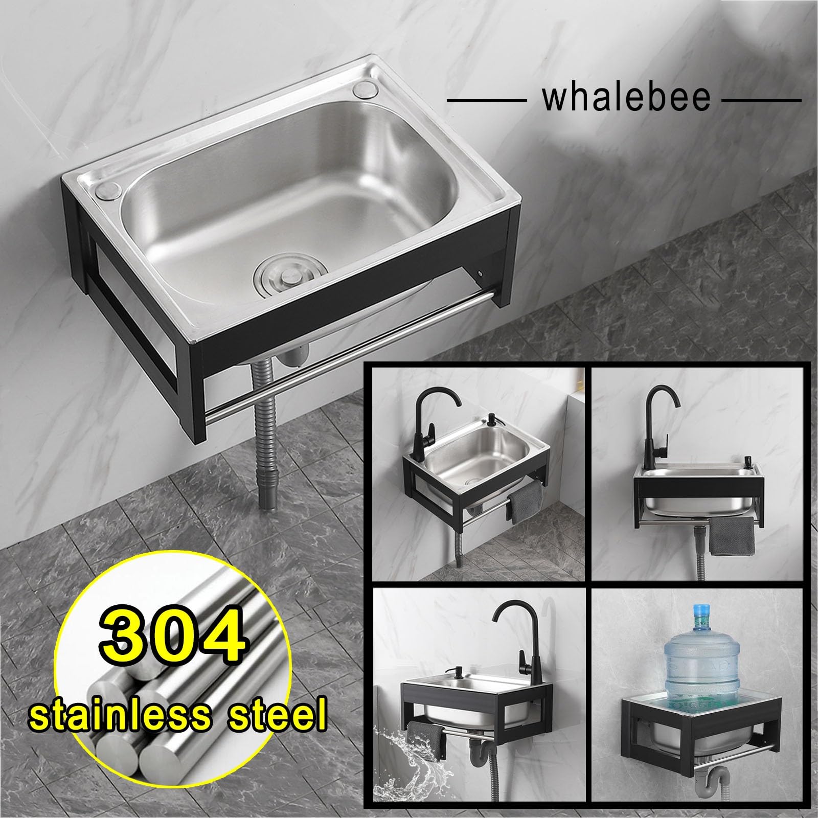 Edelstahlspüle Spülbecken Für Badezimmer, Wandhängendes Gewerbe-spülbecken Mit Wasserhahn Und Drainage-Komponenten, Küchenspüle Mit Ständer Und Schrauben Zur Montage, Platzsparend