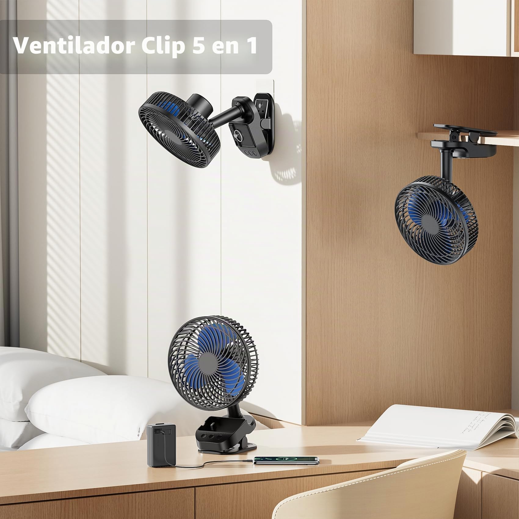 ATEngeus Ventilador USB 4 en 1, 8'' Pinza Ventiladores, 10000 mAh Recargable Batería Ventilador, 5 Velocidades Camping Ventilador, Rotación automática de 45°/90°, Temporizador, con clip y gancho