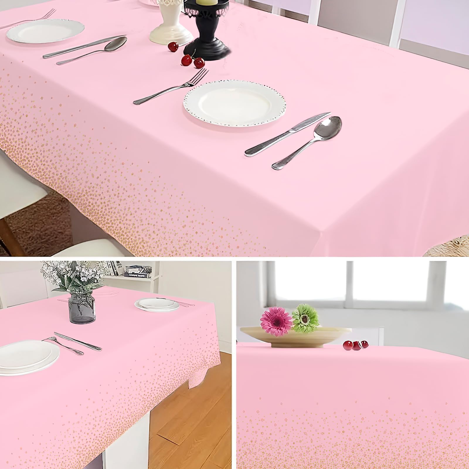 Mantel de plástico desechable de alta calidad de 54 x 108 pulgadas, mantel decorativo rectangular para mesa, paquete de 6/12 unidades (12 unidades, lunares dorados rosa)