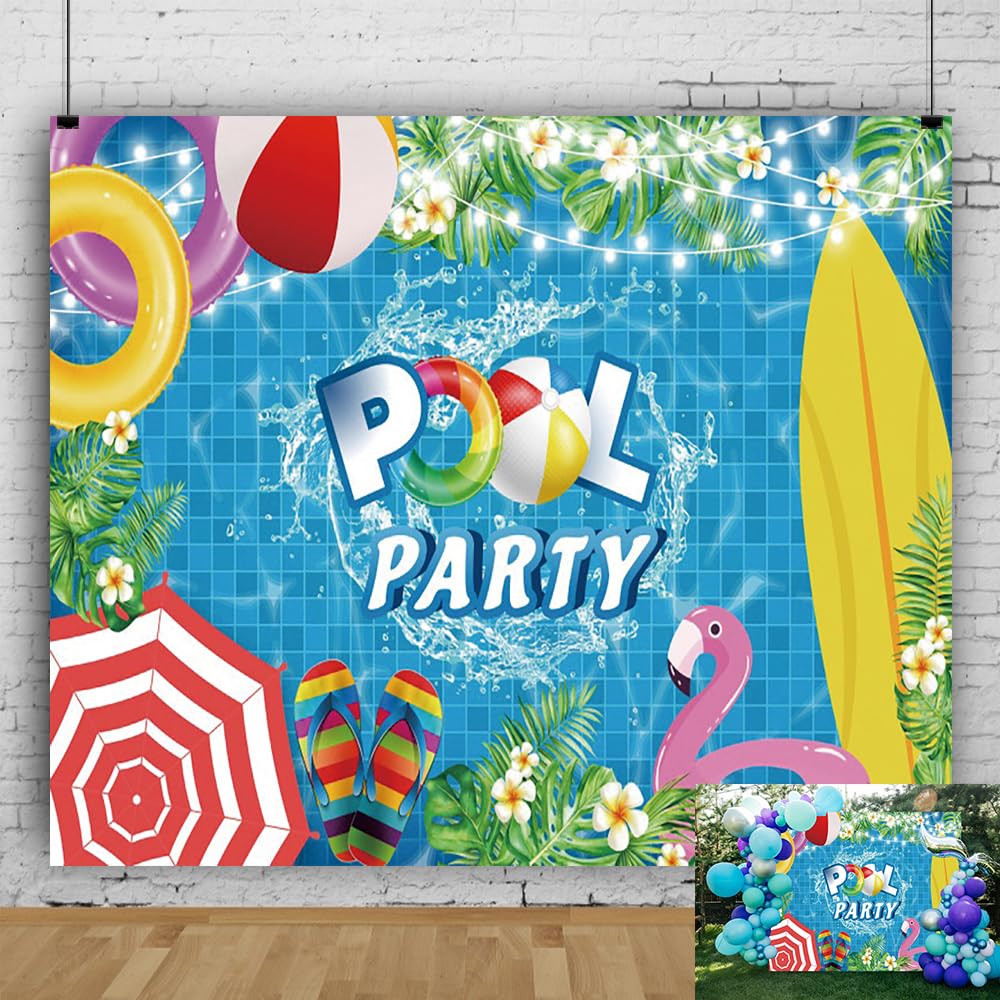 Summer Pool Party Backdrop 10x8ft Tropical Leaves Flower Swimming Pool Backdrops for Photography Background Pool-Theme Birthday Party Decorations