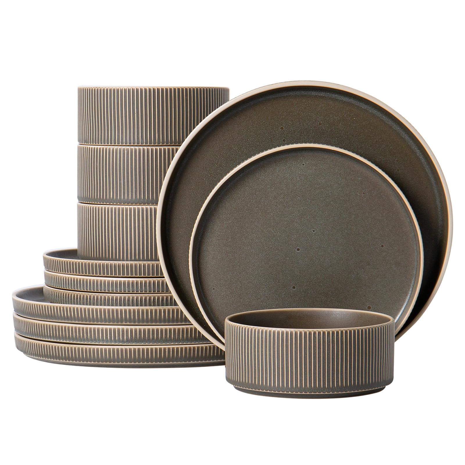 Condition photo showing New/Like New for dinnerware set service for 4, 12-piece ceramic plates and bowls set, chip & scratch resistant, microwave and dishwasher safe, modern minimalist tableware for everyday use, matte green