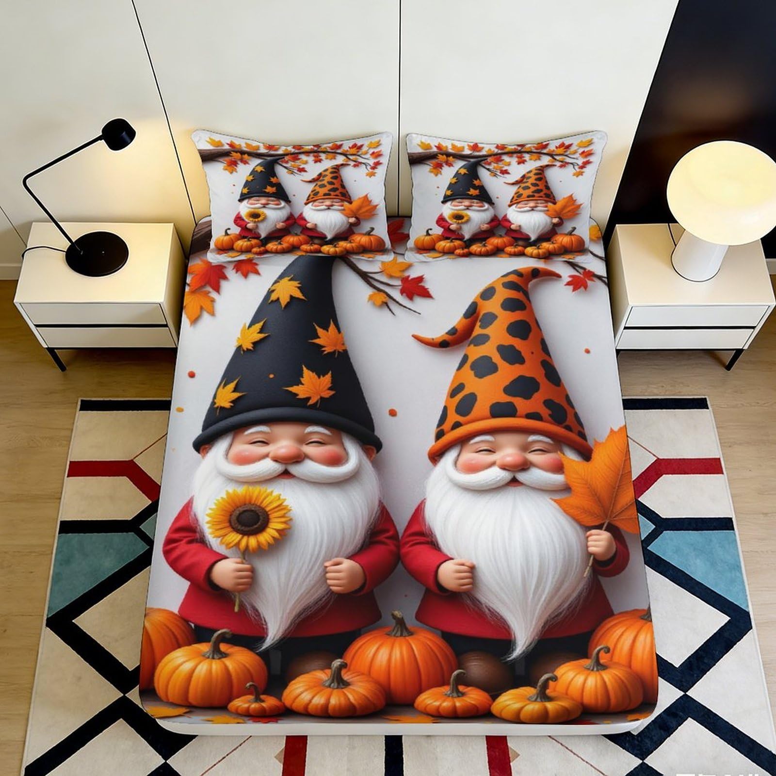 Pnayamiorkfel Style-3 3D Printed Autumn Gnome Fitted Sheet Microfiber Pumpkin Bed Cover For Bedroom Dorm Room Easy Care Decor 90X200x25cm