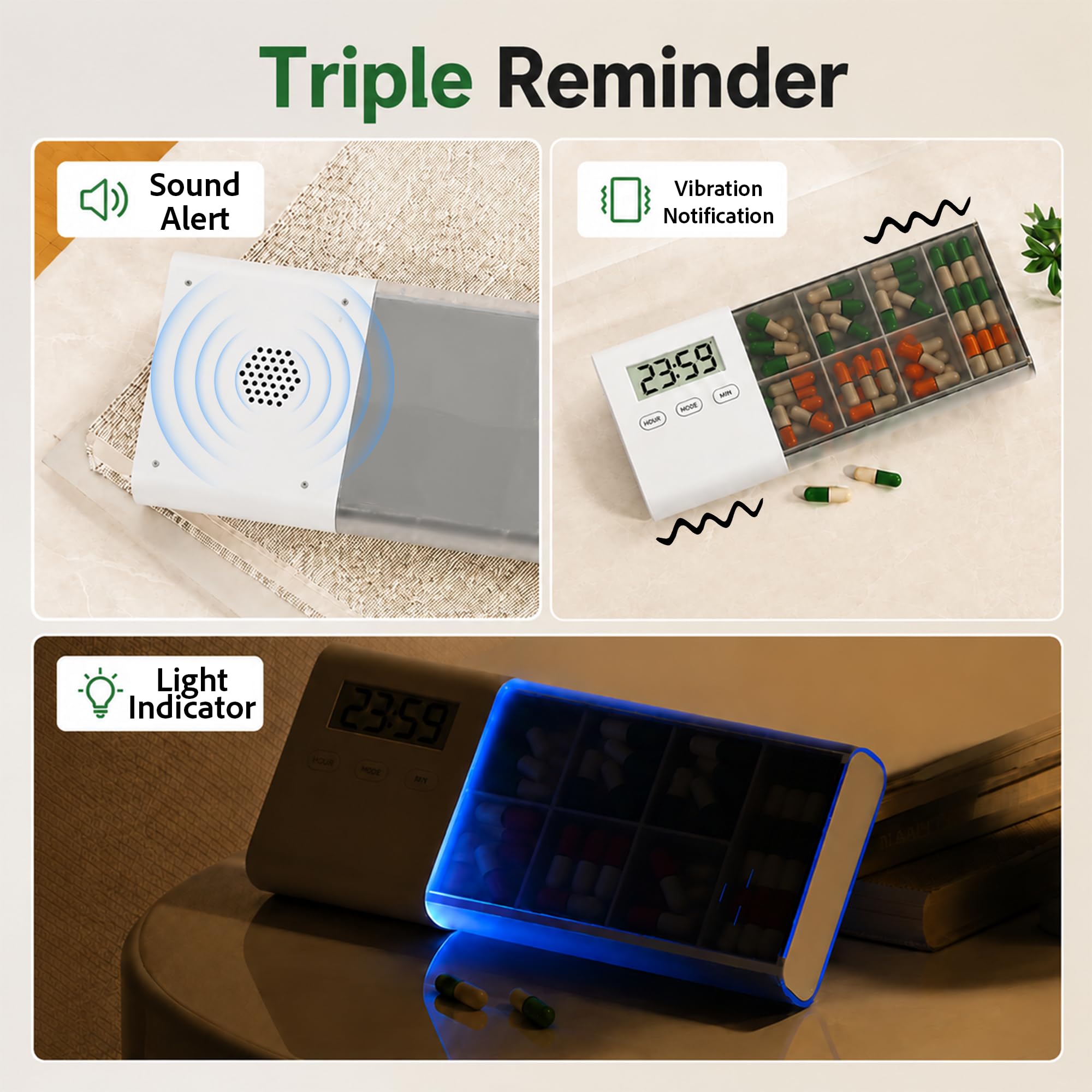 Portapillole 7 Giorni con Allarme,Portapillole Elettronico con 5 Promemoria | Portapillole elettronico intelligente con triplo promemoria (suono, vibrazione & luce), batteria 80 giorni & design Pop-Up