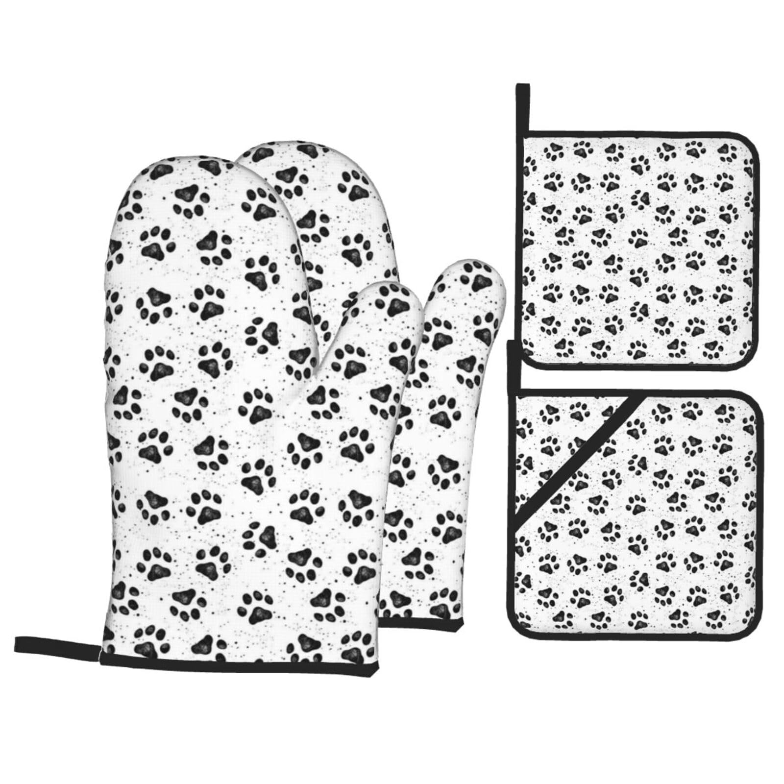 Dog Paw Pattern Print Stylish Heat-Resistant Oven 4-Piece Set Kitchen Gloves Roasting Daily Cooking