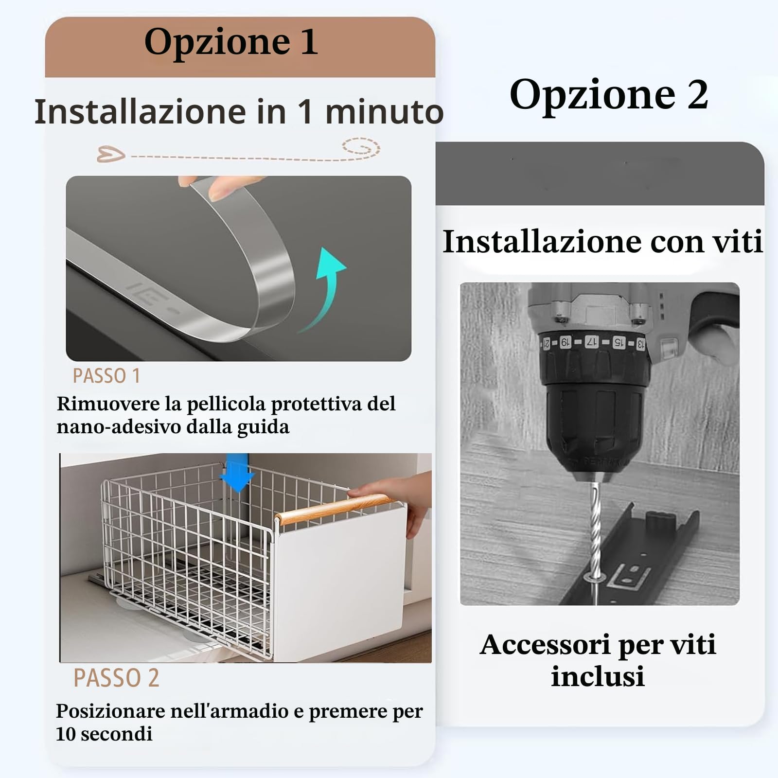 2 cassetti telescopici da cucina, cassetti estraibili, organizer per cassetti più profondi, con guide per e manico in legno, per mobili da cucina, senza fori (bianco)
