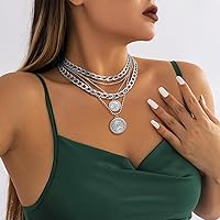 Vista 6 de MJartoria Collares de oro en capas para mujer, collar retro de moda con dije de moneda, collar de oro, cadena de eslabones gruesos, gargantilla