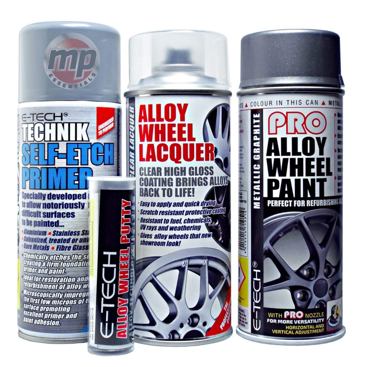 Mp Essential Metallic Graphite Grey 4 Step System Alloy Wheel Restore Refurbishment Repaint Pack | Alloy Wheel Primer, Lacquer & E-Tech Pro Paint With Free Putty Included (Metallic Graphite Grey)