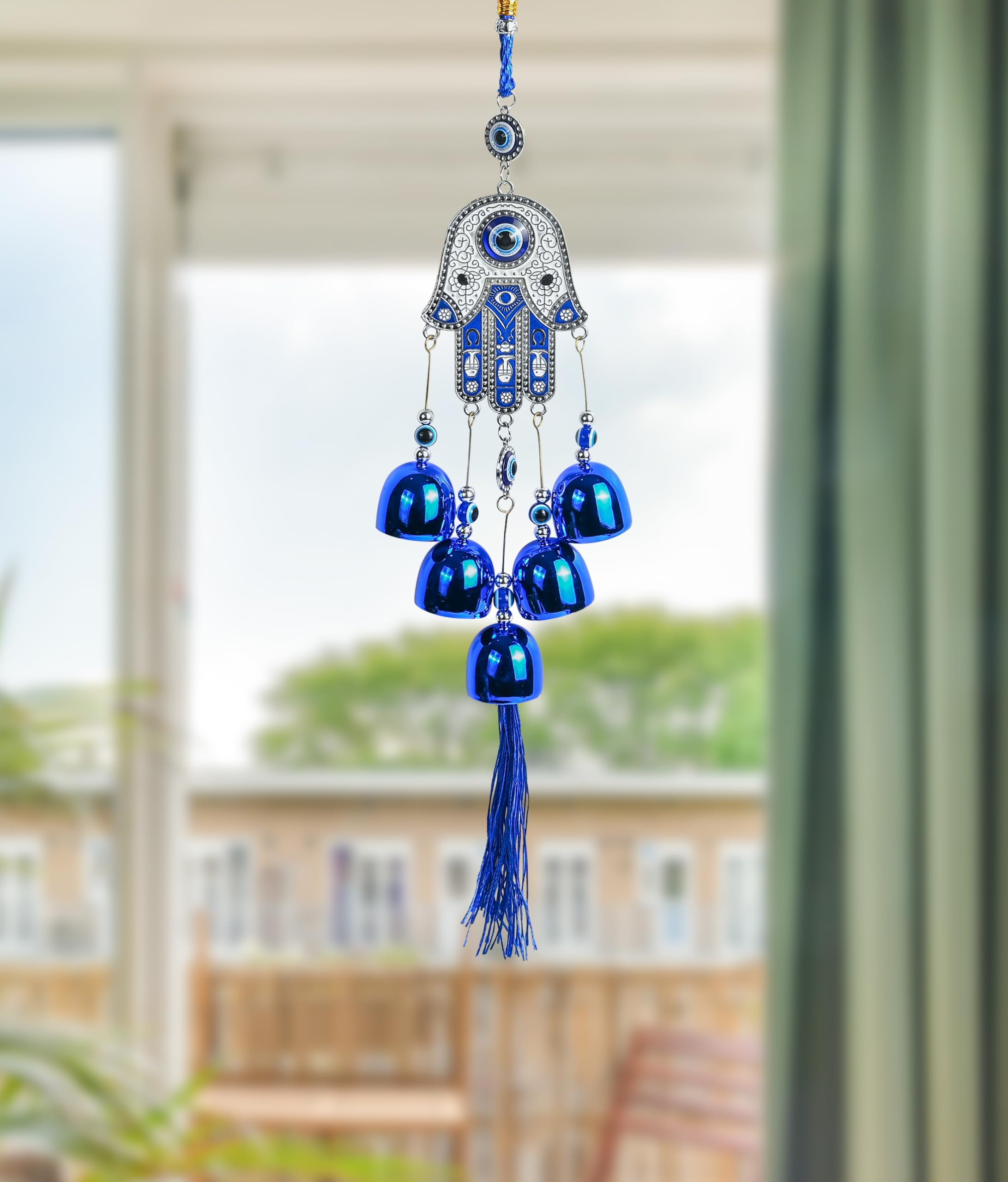 Hindcraft Hanging Decoration Items, Evil Eye Nazar Battu with Hamsa Palm & 5 Bells – Blue Wall Hanging for Home, Car, and Office – Protection, Good Luck, Prosperity, Positive Vibes, Feng Shui Items-image-1