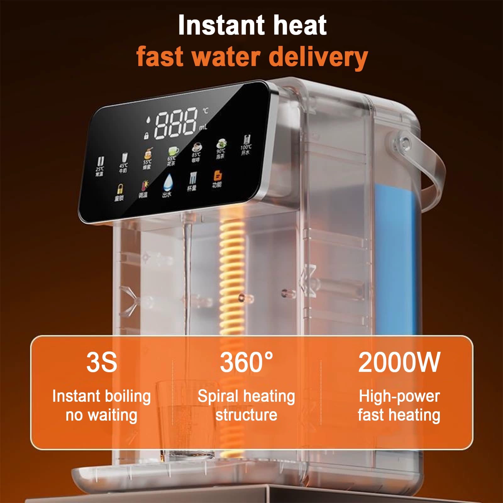 Distributore di acqua calda istantanea, unità di riscaldamento rapido con touchscreen e blocco bambini, facile da usare con maniglia per il trasporto e serbatoio dell'acqua rimovibile