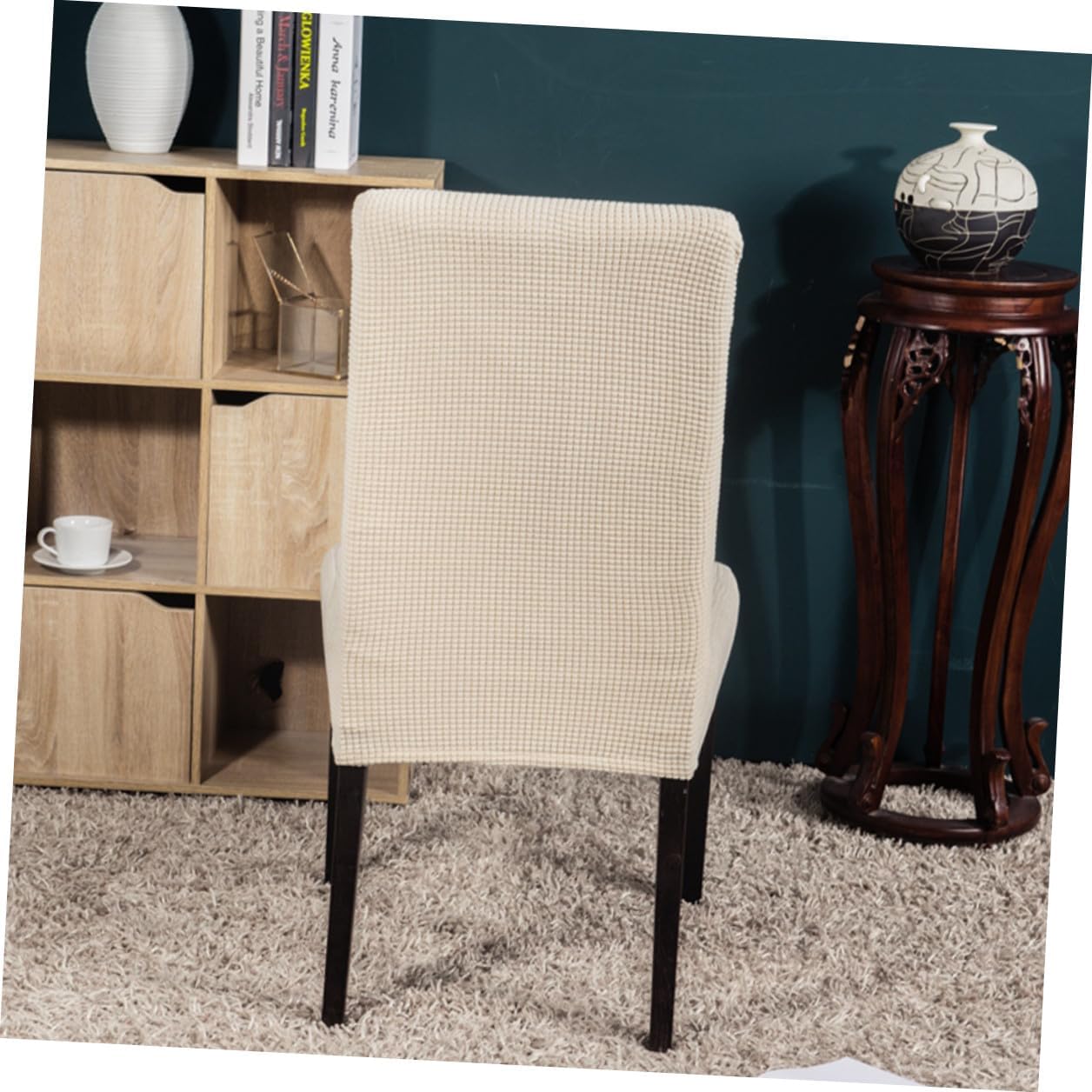 Cabilock 6pcs Beige Stretchy Dining Chair Covers Elastic Polyester Full Seat Protective Slipcovers for Home Office Banquet Chairs Removable Washable Case