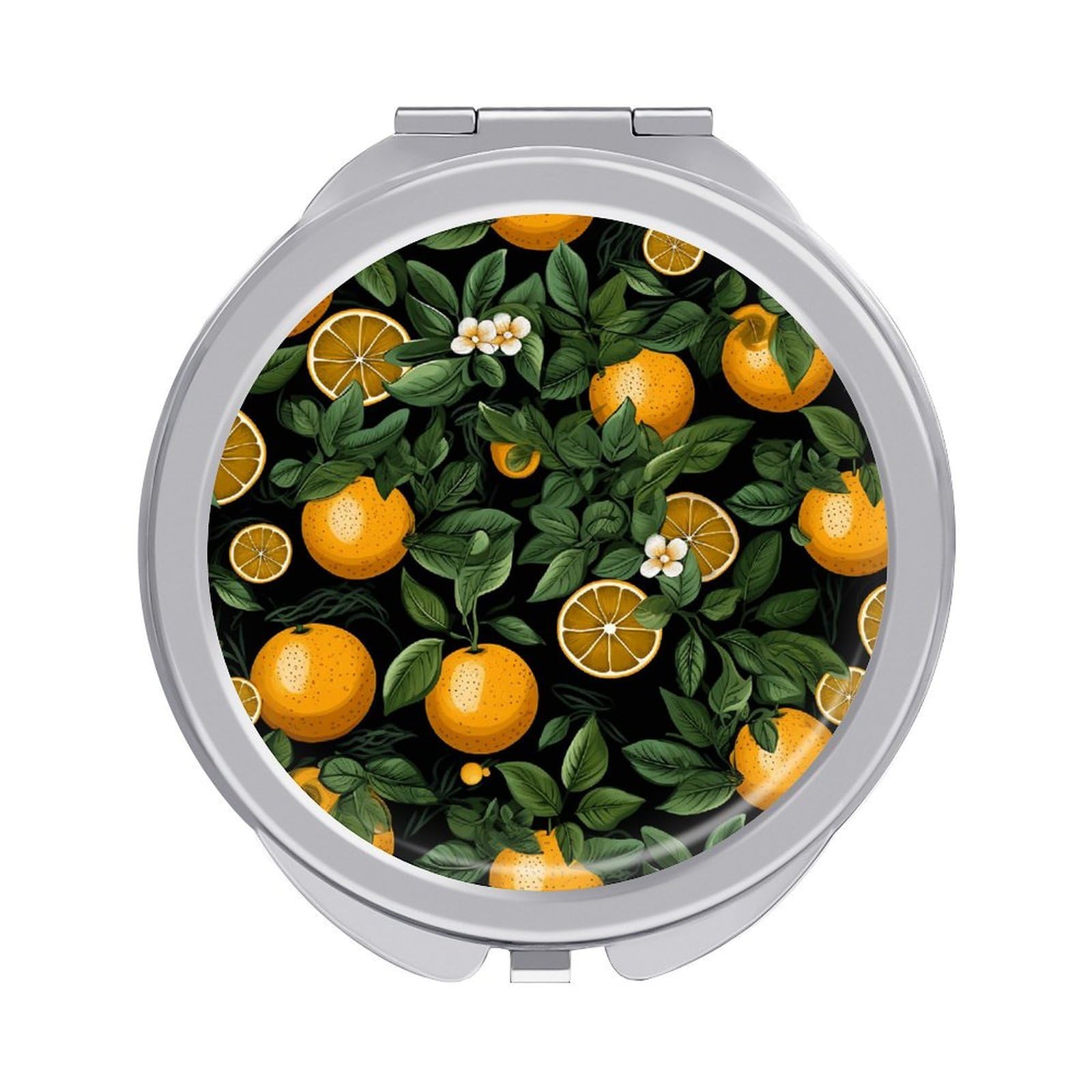 Fekiloot Style Oranges And Leaves On Black Background Travel Makeup Mirror Handheld Compact Mirror Portable Pocket Mirror Double-Sided 1X/2X Magnifying For Handbag And Purses