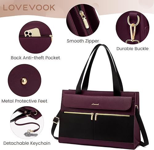 Miniatura 4 de LOVEVOOK Bolsa para laptop para mujeres de 15.6 pulgadas, bolso tipo tote de trabajo profesional, maletín de computadora de cuero impermeable, bolso