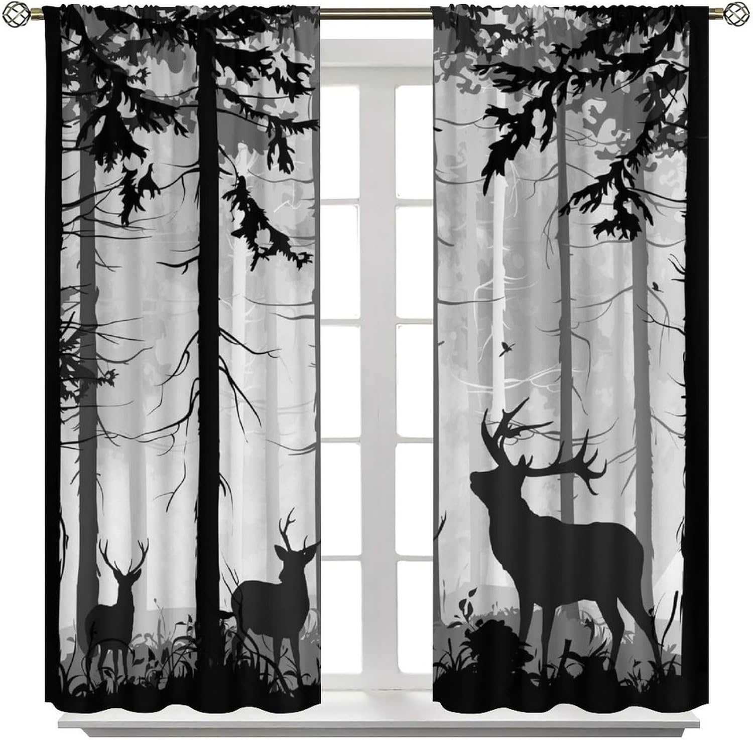 Country Forest Deer Curtains for Kitchen Vintage Foggy Noir Gothic Forest Hunting Cabin Wildlife Elk Moonlight Print Window Treatments for Bedroom Living Room 42x62.5In（No Blackout）