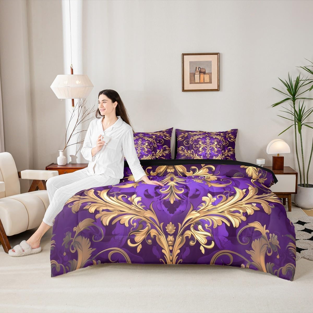 Erosebridal Damask 7 Piece Twin Comforter Set Bed in a Bag, Vintage Aztec Flower Microfiber Bedding, Exotic Bohemian Paisley Bed Set for Bedroom, Fashion Victorian Baroque Hippie Fitted Sheets Set