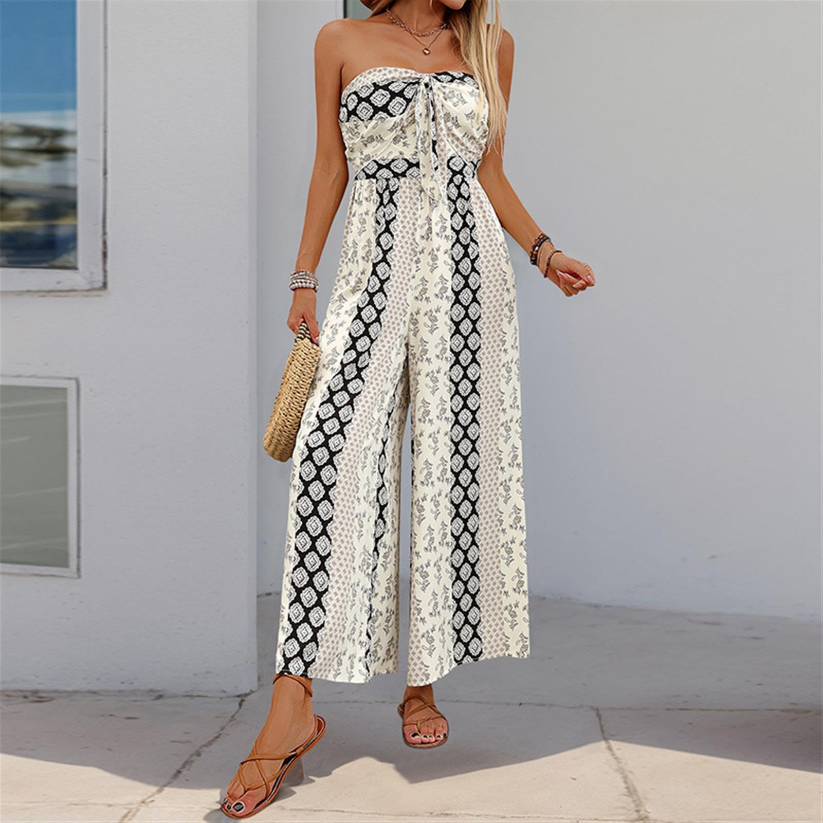 Boho monos de las mujeres - Floral sin mangas tubo mono, cintura alta pantalones largos para trajes de verano