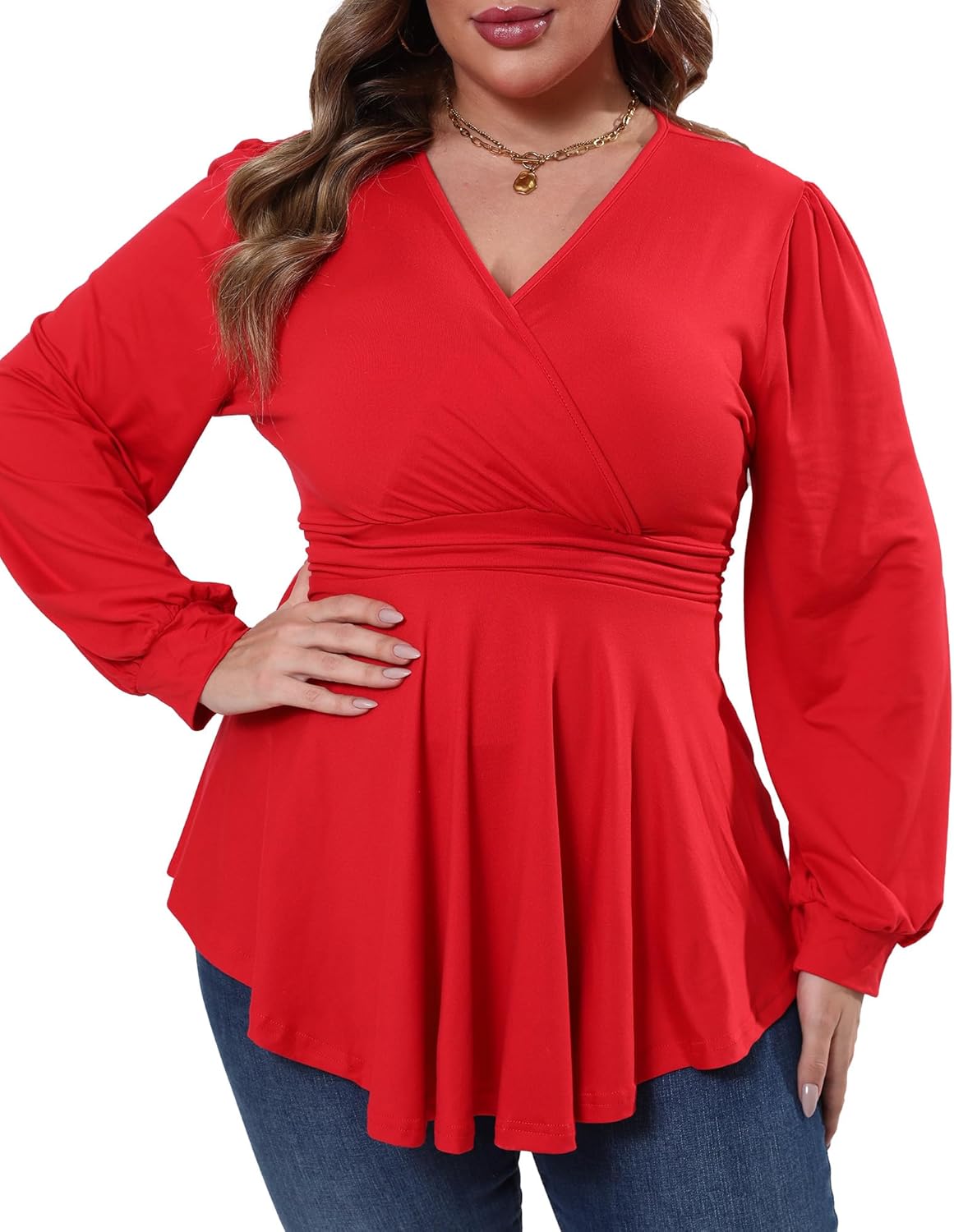 Plus Size Tops for Women Lace Long Sleeve Fall Shirts Casual Dressy Wrap V Neck Pleated Tunic Top - Image 4