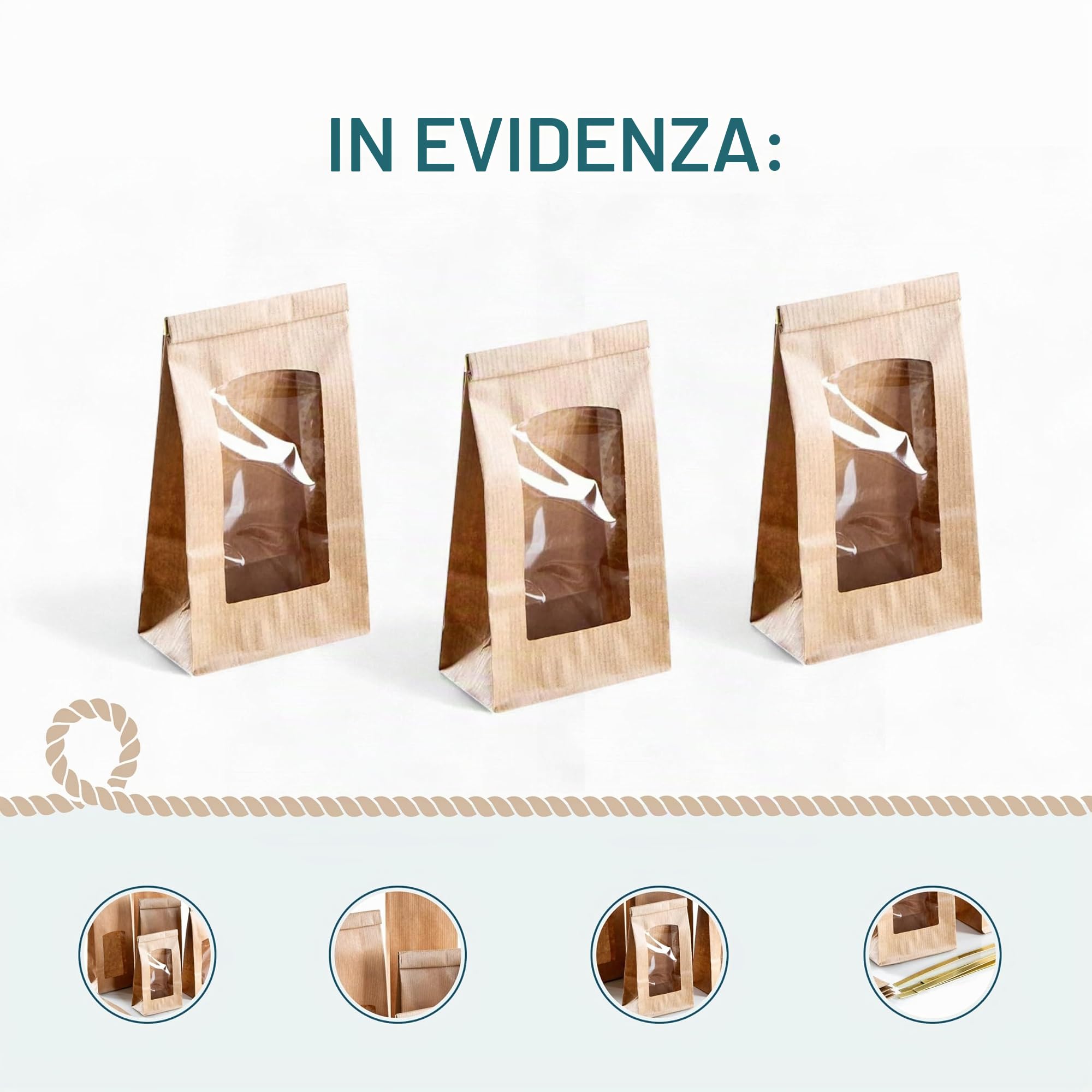 Sacchetti kraft con finestra trasparente, 100 pezzi: buste carta per alimenti con clip dorate, tè, spezie, dolci, regali fai da te, bustine blocco fondo, richiudibili, 26,5 x 8,5 x 5 cm