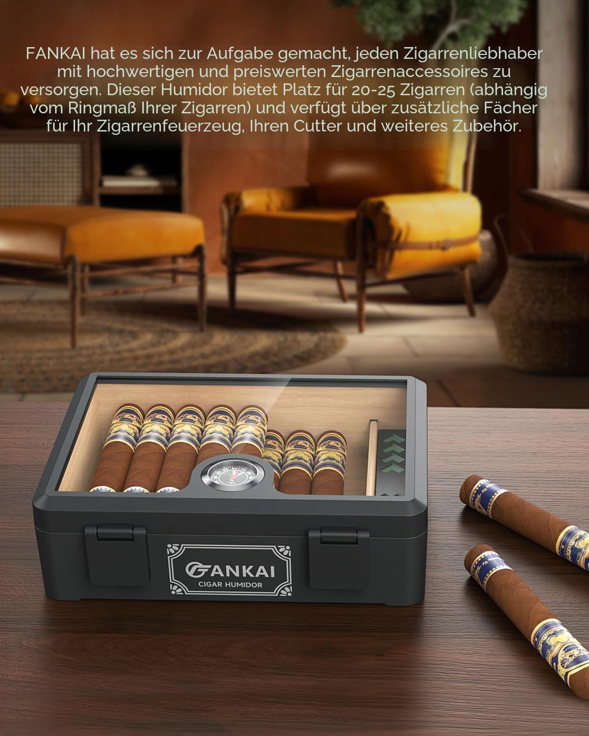 Zigarren-Humidor, Zigarrenbox mit Vollglas-Deckel mit Luftbefeuchter und Hygrometer, sturzsicheres, bruchsicheres Zigarrenetui, Aufbewahrungsbox mit Zedernholzauskleidung und Trennwand für 20