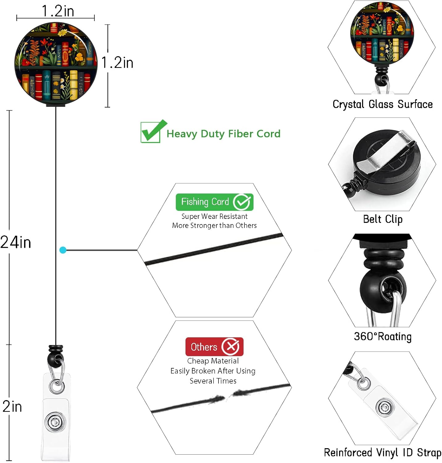 Floral Bookshelf Lanyards for ID Badges, Badge Holder with Lanyard Detachable, Badge Reel Retractable Keychain Clip, Cruise Ship Cards Holder Protector Name Tags, Teacher Nurse Office Women Gifts - Image 6