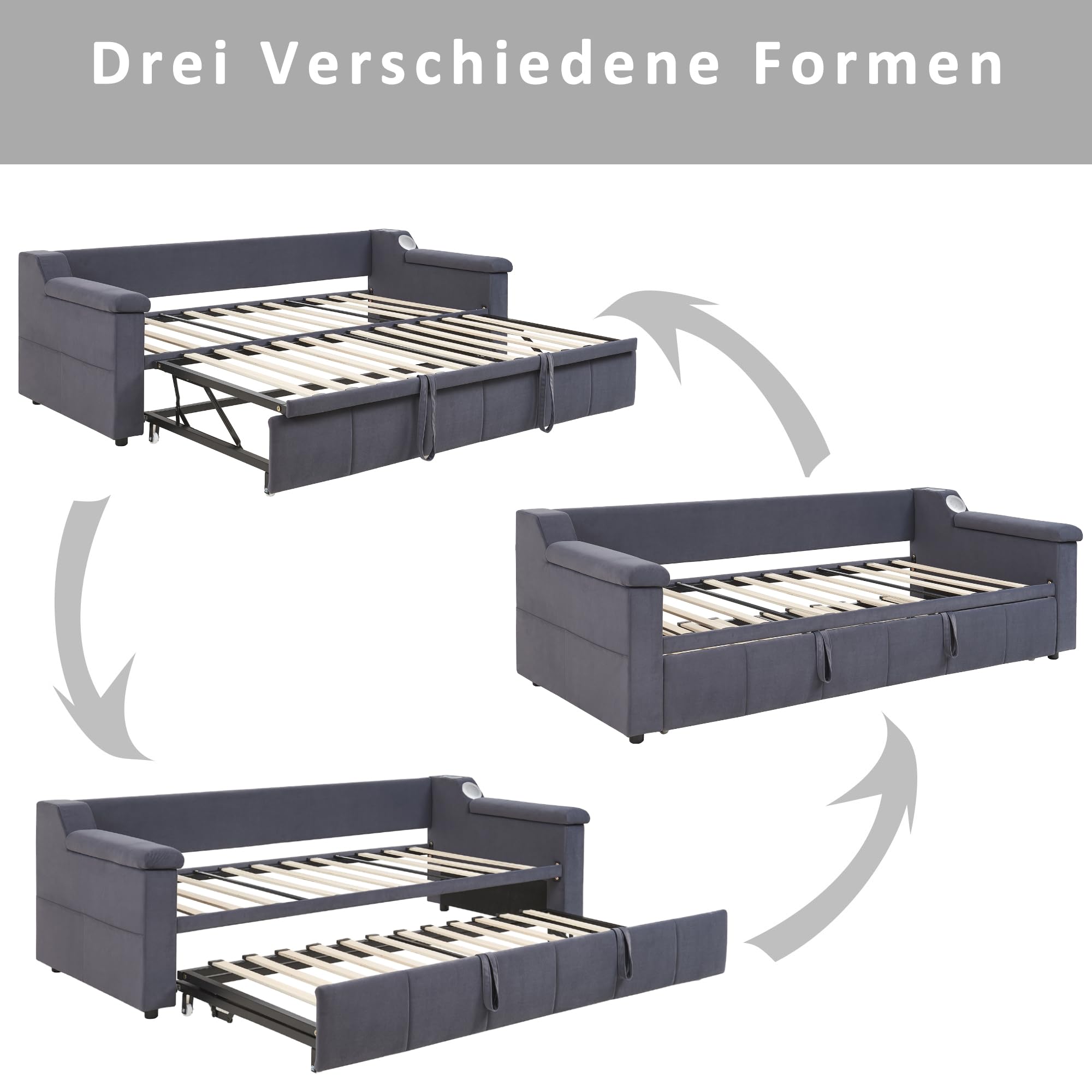 Cama acolchada, sofá cama, reposabrazos anchos y gruesos, con sistema estéreo Bluetooth inteligente, con puerto de carga USB, con compartimentos de almacenamiento, con somier, tela de