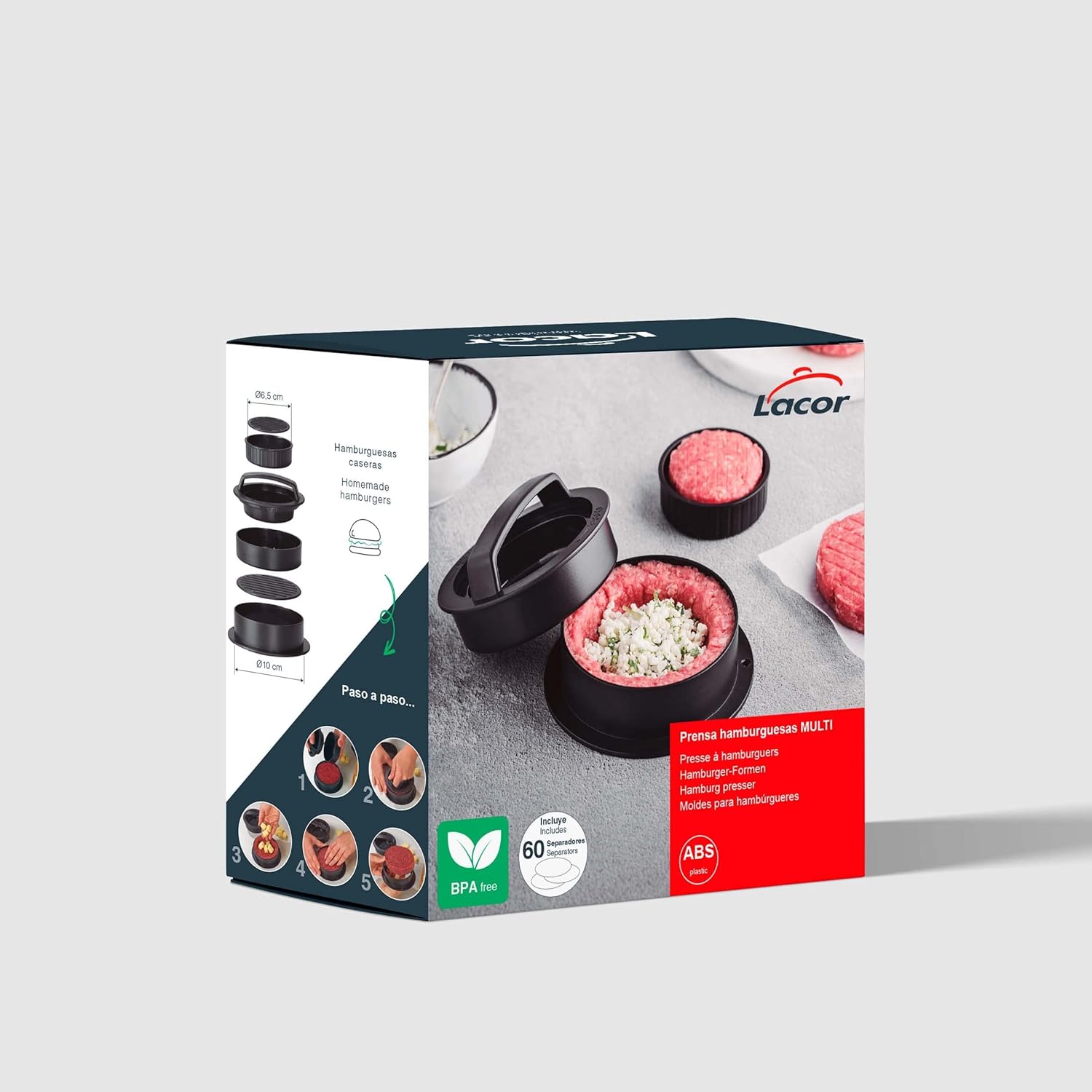 Lacor - 60259 – Multi Mould for Homemade Burgers, 6 Removable Pieces for Making Burgers, BPA Free, Includes 60 Units of Non-Stick Paper, Diameter 12.5 x 6 cm, Black