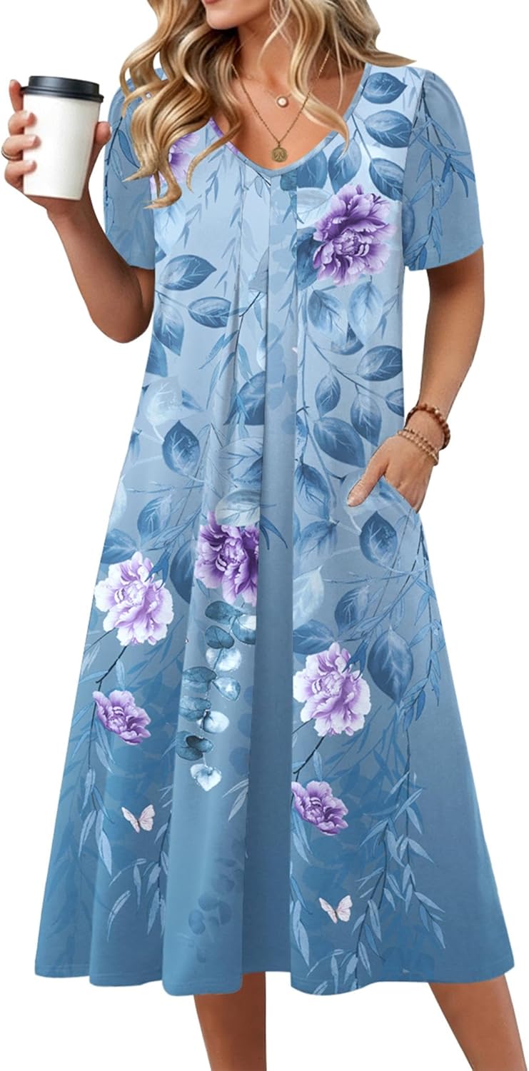 Zeagoo Summer Dress for Women Casual Floral Midi Sundress with Pockets V Neck Pleated Short Sleeve Aline Beach Vacation Dress