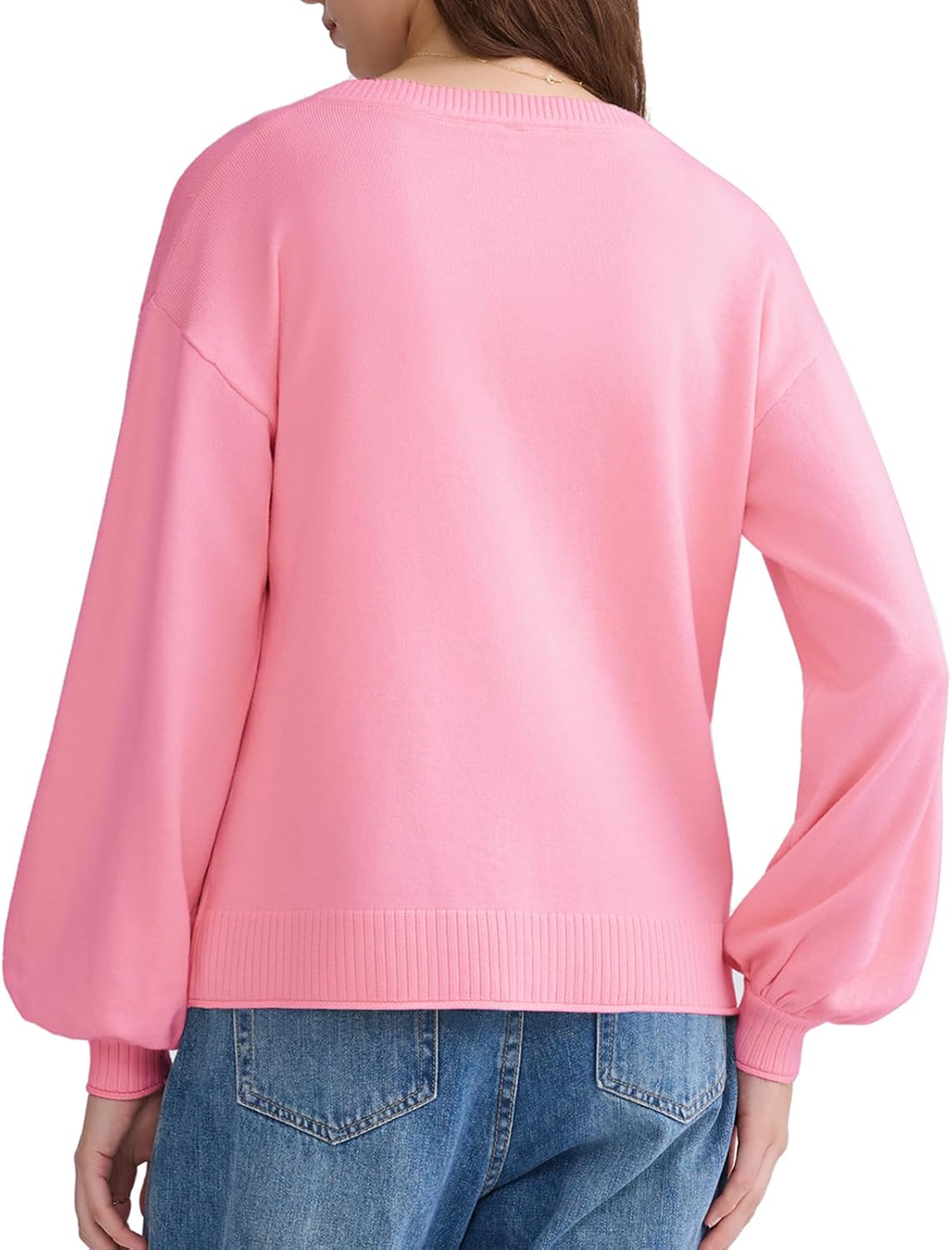 Women's Puff Long Sleeve Cardigan Sweater Round Neck Open Front Button Ribbed Knit Fall Casual Loose Fit Top with Pockets - Image 6