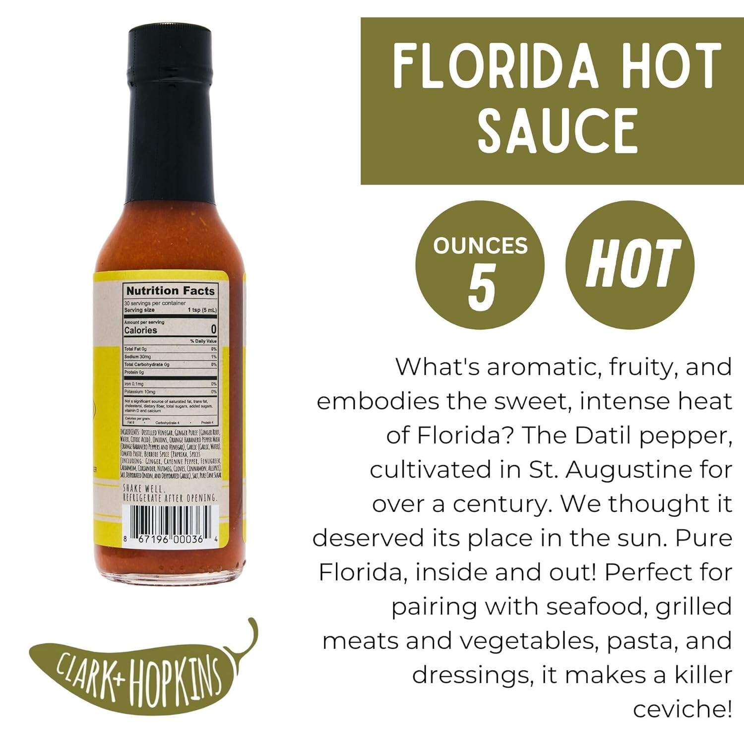 Clark + Hopkins Florida Hot Sauce, Florida's Fruity Sweet and Intense Heat, with Citrus, Datil Peppers & Garlic Flavor, 5 Ounce (12 Pack)