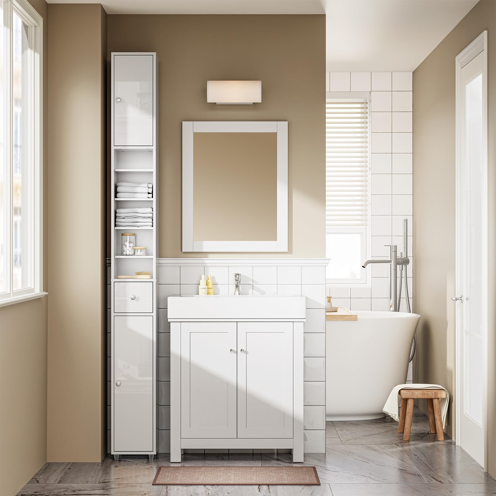 SoBuy Blanco Brillante Mueble Baño Estrecho Armario Columna 20x20x180cm | Estantería de Baño Alta con Cajón y Balda Ajustable Armario Auxiliar BZR167-GW