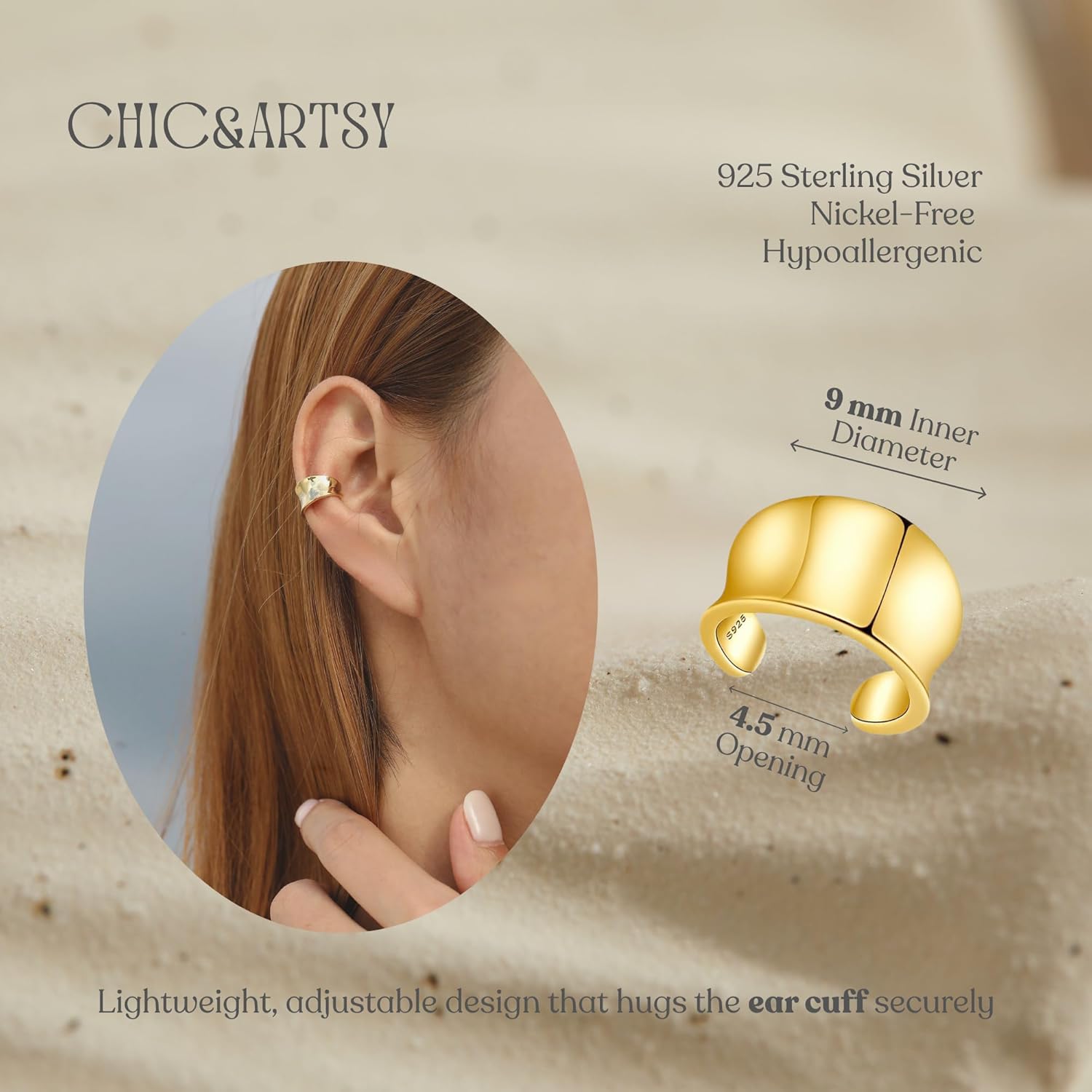 CHIC & ARTSY Sterling Silver Ear Cuff Earrings - Hypoallergenic, Simple Line, Adjustable No Piercing Clip Ons for Women Gold Plated - Image 4