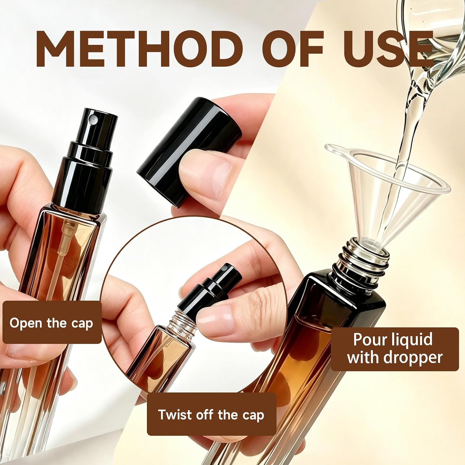 6 Pack of 10ML Amber Glass Perfume Bottle Set Portable Perfume Travel Refillable, Empty Atomizer Sprayer for Perfume Cologne Dispenser Travel Sample Bottles with Funnel and Labels
