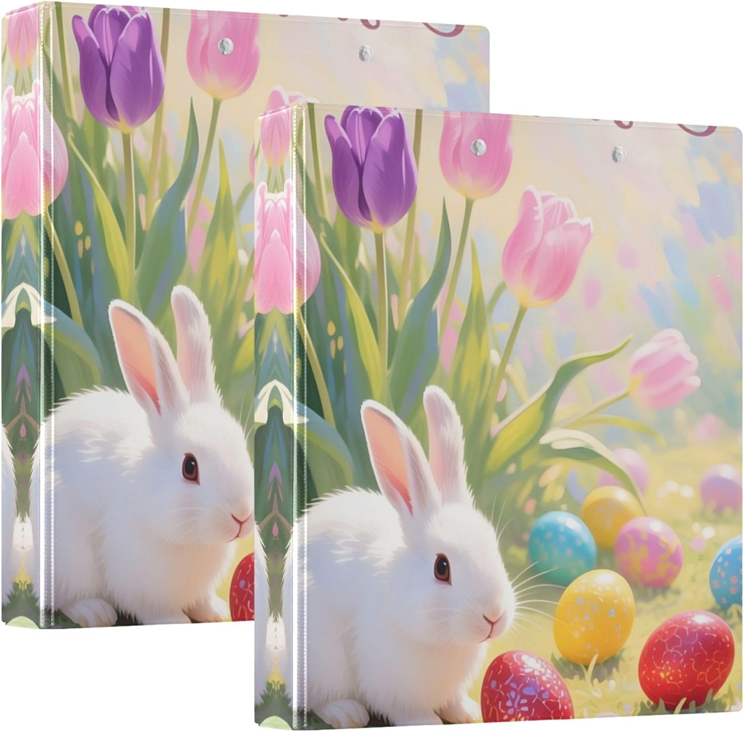 Happy Easter Bunny Eggs 3 Ring Binders, 1.5” Round Ring Binders with Clipboard - Letter Size, 3 Interior PVC Clear Pockets & Anti-Slip Clip for Office School Supplies, 2PCS