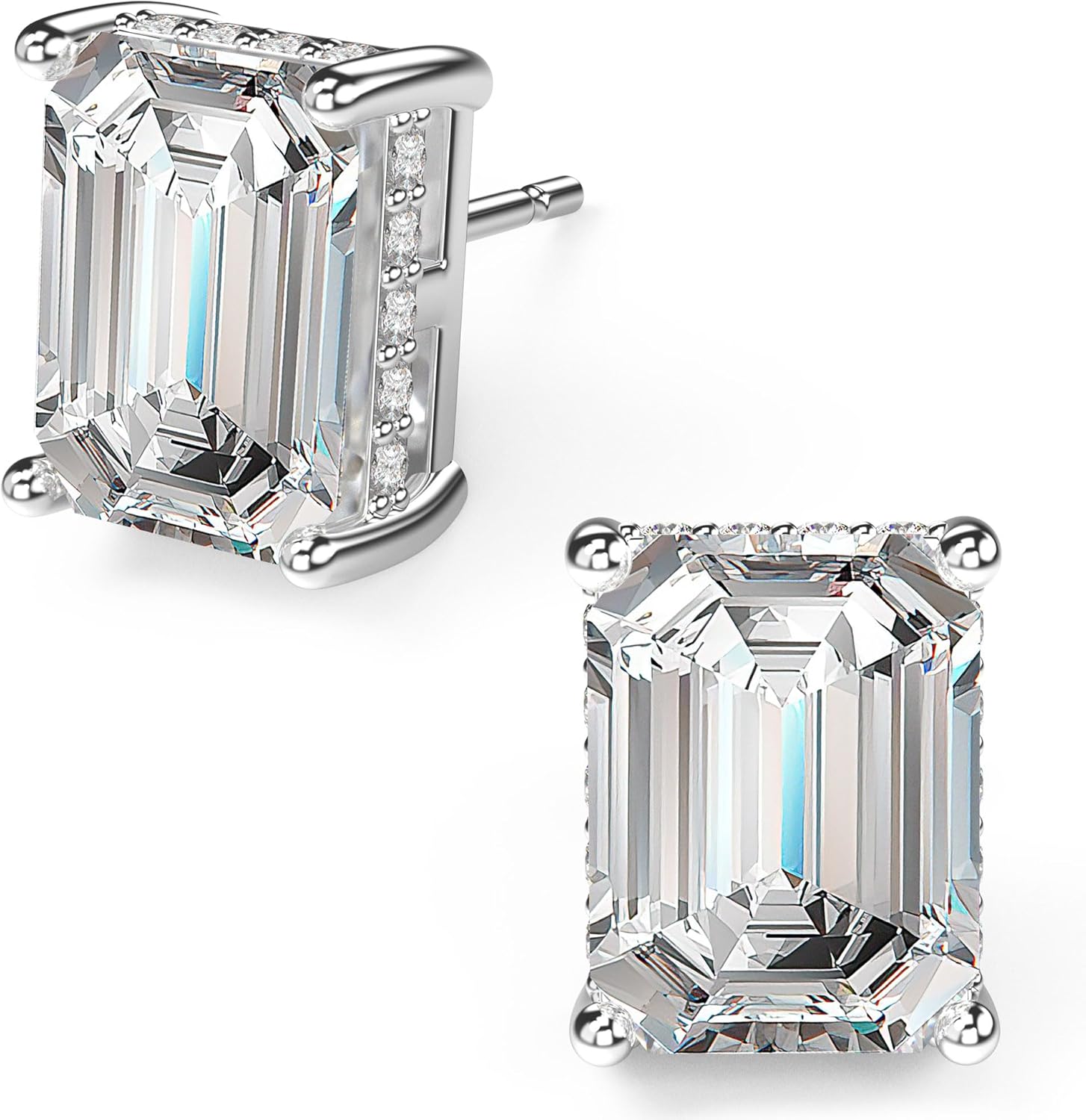 18K White Gold Plated Sterling Silver Emerald Cut Cubic Zirconia Stud Earrings Clear CZ Diamond Stud Earrings for Women Men Hypoallergenic
