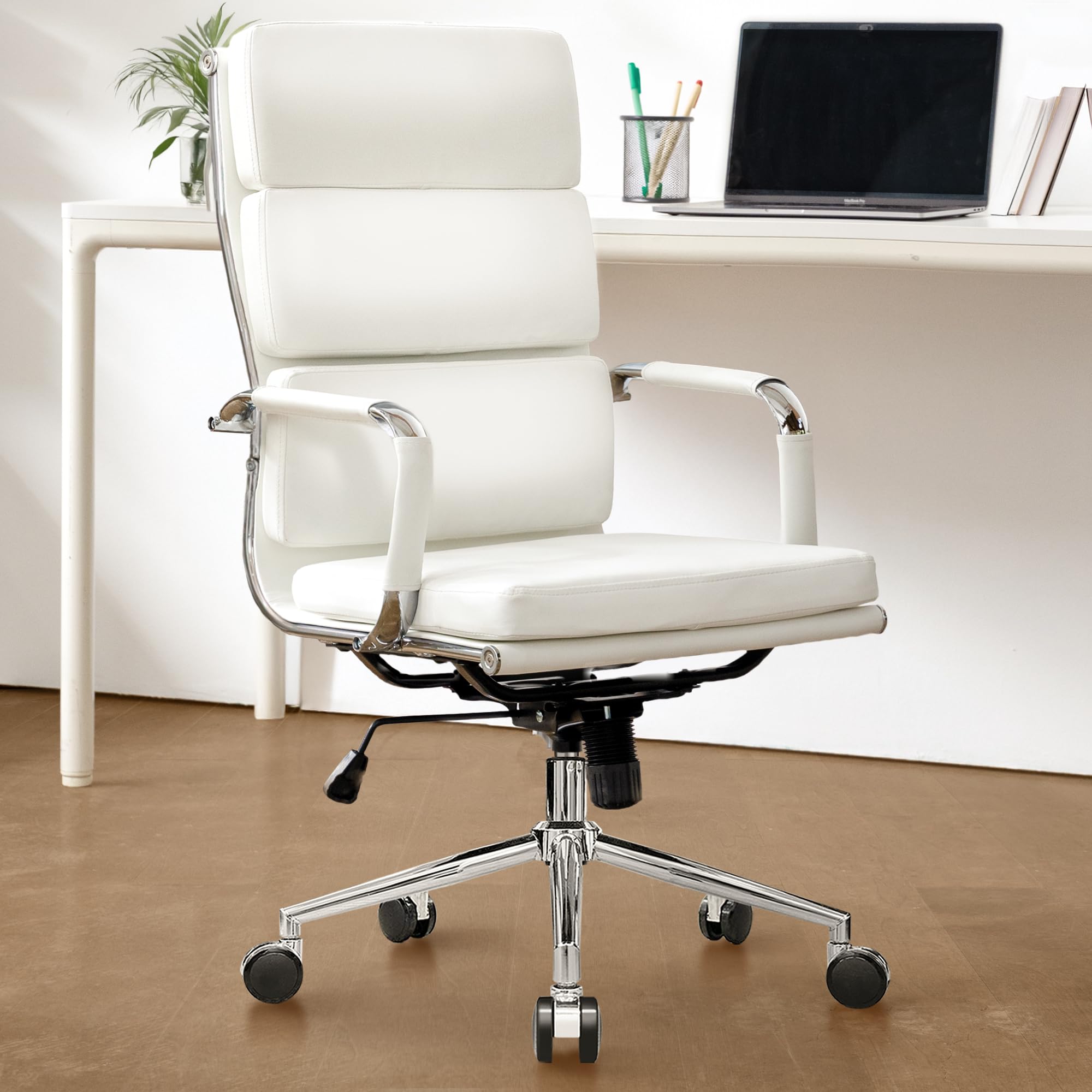 NEO CHAIR Office Desk Ergonomic Chair Leather Executive High-Back Modern Conference Comfy Adjustable Padded Swivel Rolling Home Vanity Chairs with Arms Wheels (White)